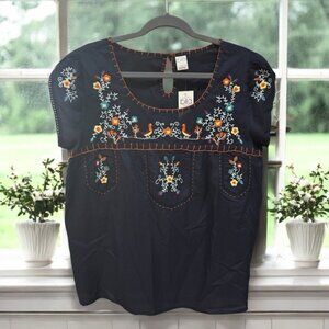 NWT BILA Embroidered Peasant Cotton Top Prairie Boho Navy Blue Birds‎ Floral L